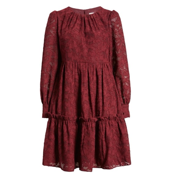 Eliza J Dresses & Skirts - NWT Eliza J Floral Lace Long Sleeve Tiered Dress Wine Maroon Ruffle Size 6